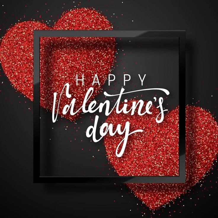 happy valentine's day card with two hearts in the frame and glitter on black background