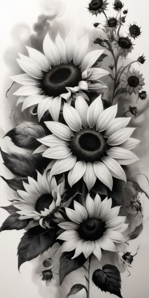 black and white photograph of sunflowers with leaves on the bottom right hand side