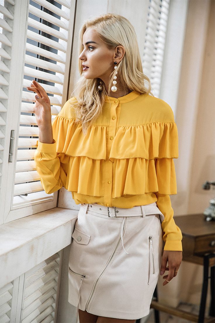 Elegant Ruffles Long Sleeve Yellow Blouse Shirt - Uniqistic.com Blouse And Jeans Outfit, Yellow Blouse Outfit, Fashionable Work Outfits, White Hijab, Chiffon Shirt Blouse, White Ruffle Blouse, Skirts Short, White Shirt Blouse, Women Skirt