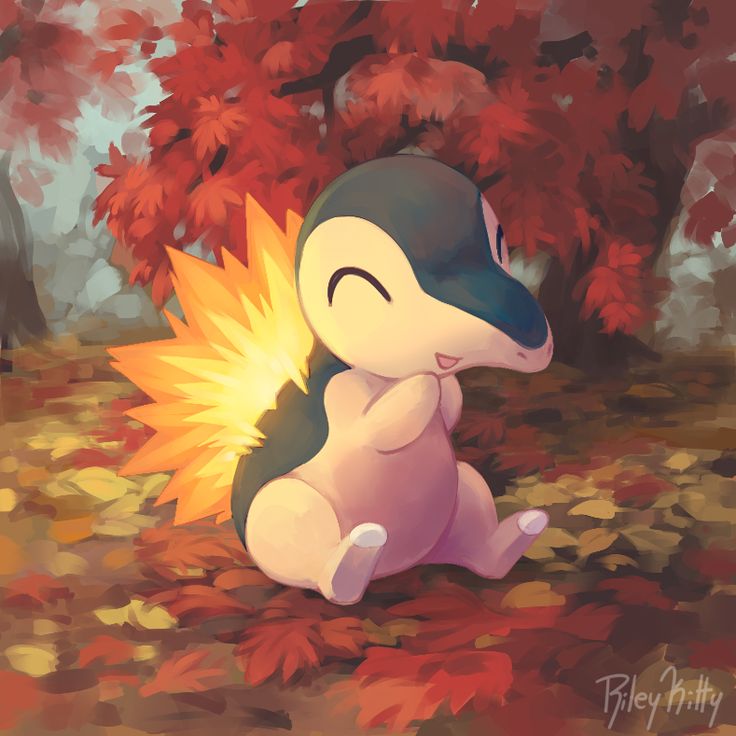 a painting of a pokemon sitting on the ground in front of some trees with red leaves