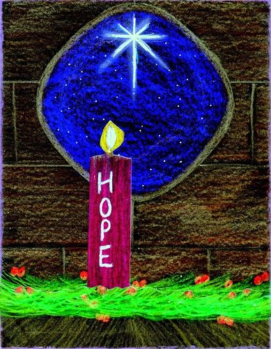 a drawing of a candle with the word hope written on it in front of a christmas ornament