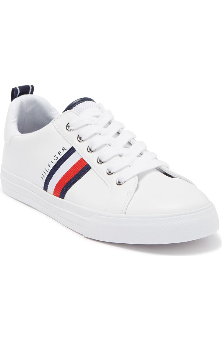 Tommy Hilfiger Landon Striped Sneaker (Women) | Nordstromrack White Low-top Platform Sneakers With Elastic Laces, Sporty Lace-up Sneakers With Three Stripes Branding, Tommy Hilfiger Sporty Sneakers, White Tommy Hilfiger Sneakers With Rubber Sole, Tommy Hilfiger White Sneakers For Streetwear, Tommy Hilfiger White Lace-up Sneakers, White Lace-up Tommy Hilfiger Sneakers, Tommy Hilfiger Low-top Sneakers With White Sole, Tommy Hilfiger Low-top White Sole Sneakers