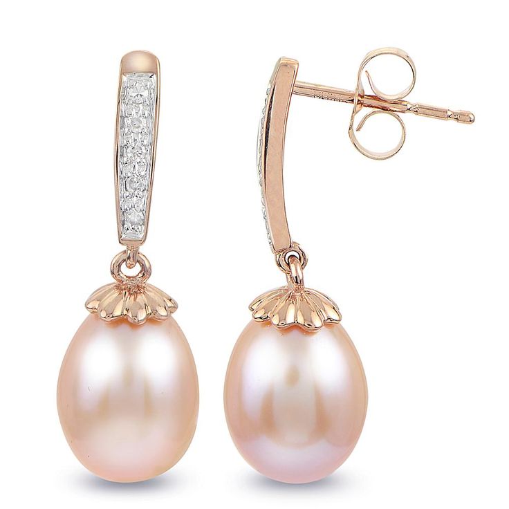 Imperial Pearls 14K Pink Cultured Pearl and Diamond Drop Earrings A fiery line of diamonds ignites this naturally pink cultured pearl earring. Your passion for pearls can't help but burn brighter. Approx. 7/16"L x 5/16"W Stamped 14K; rose gold Pierced with clutch backs Stone Information All sizes and weights approximate Pink Cultured Freshwater Pearl: Round (8-9mm) White Diamond: Round; 0.06ct; HI color; I2-I3 clarity Mikimoto Jewelry, Conch Pearl, Pearl Bridal Jewelry, Rose Gold Morganite, Color Bands, Diamond Quartz, Pearl Earring, Diamond Drops, Bridal Pearls