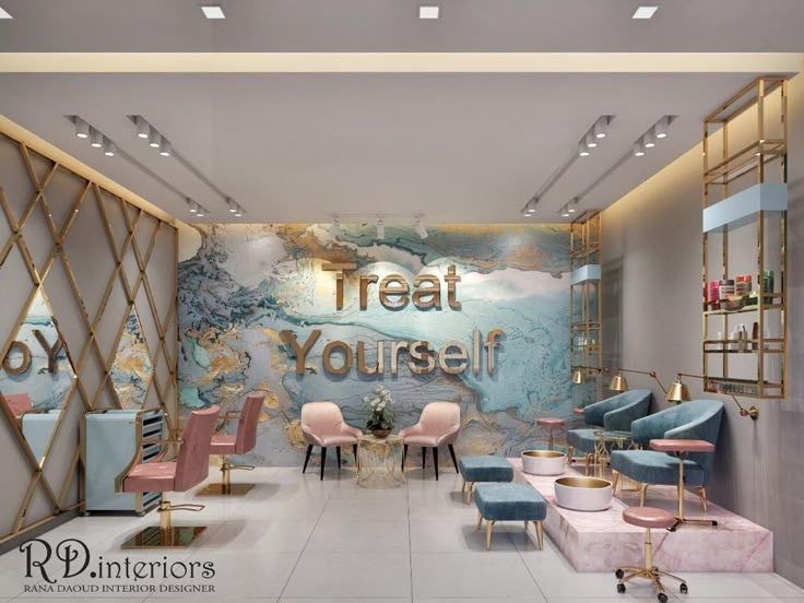 the interior of a store with chairs, tables and stools in front of a wall that says treat yourself