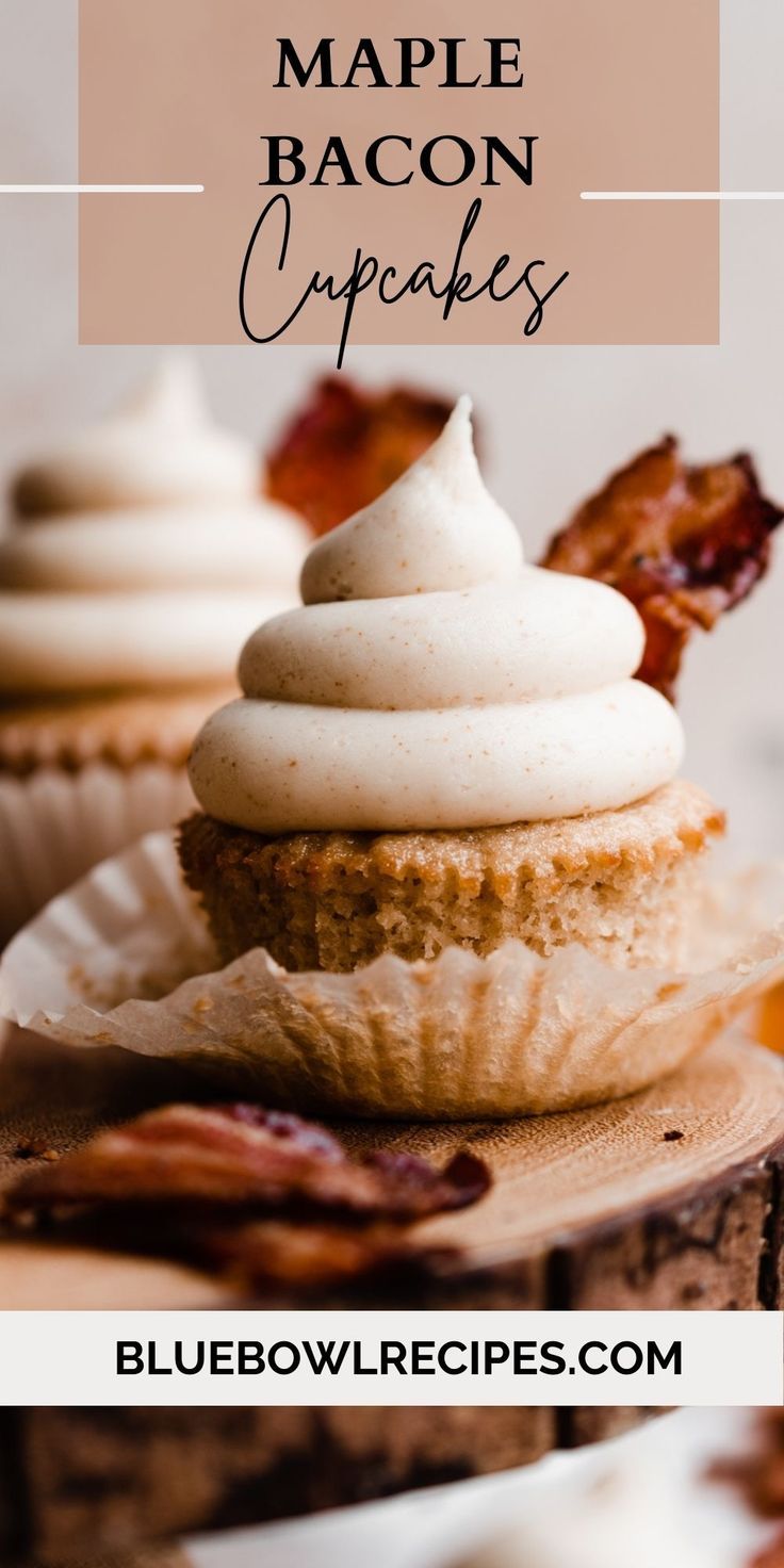 maple bacon cupcakes with white frosting on top