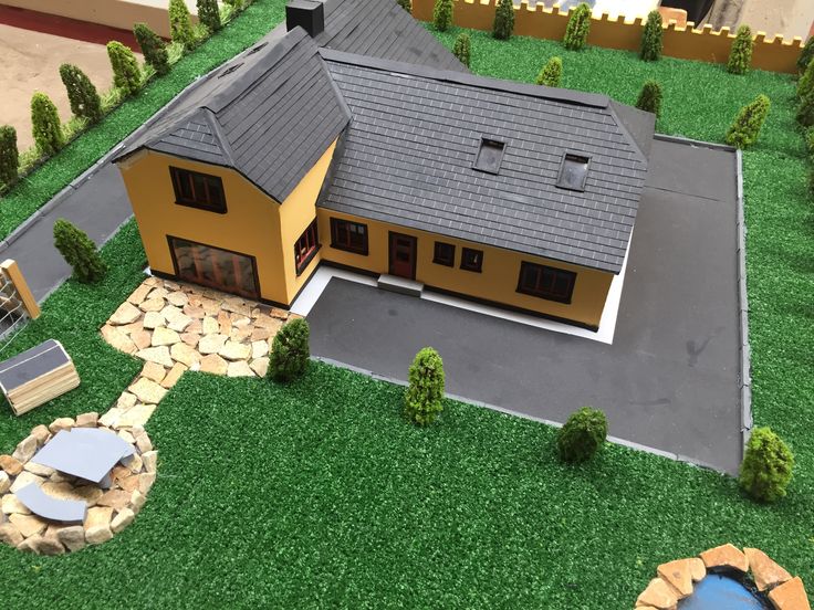 a model house is shown in the middle of a yard with landscaping and lawn furniture