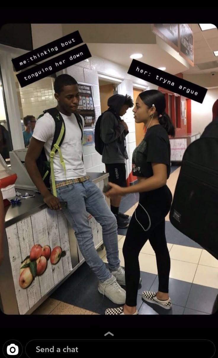 a man and woman standing in front of a counter talking to each other with words above them