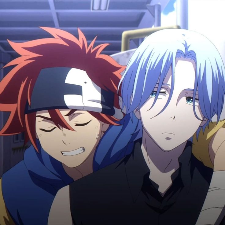 two anime characters one with blue hair and the other with red hair looking at something