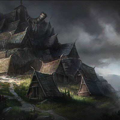 an image of a fantasy village with lots of houses on the hill and dark clouds in the sky