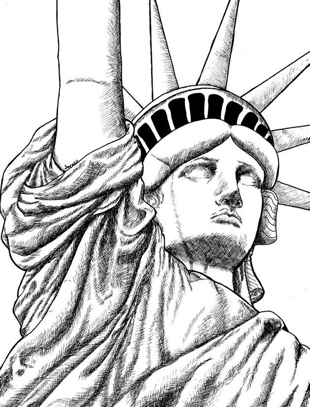 the statue of liberty is shown in black and white, as if it was drawn by hand