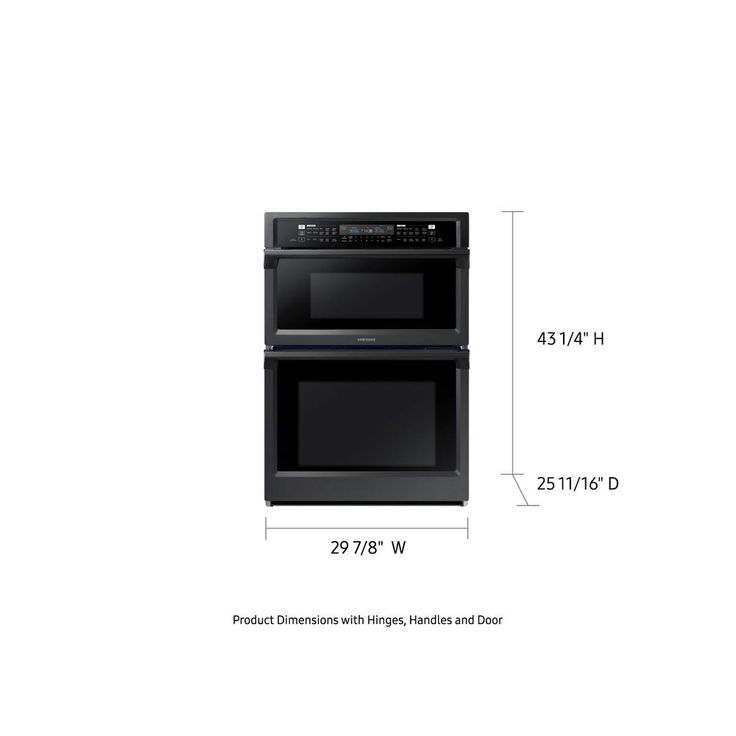 two ovens side by side with measurements for the top and bottom, shown in black