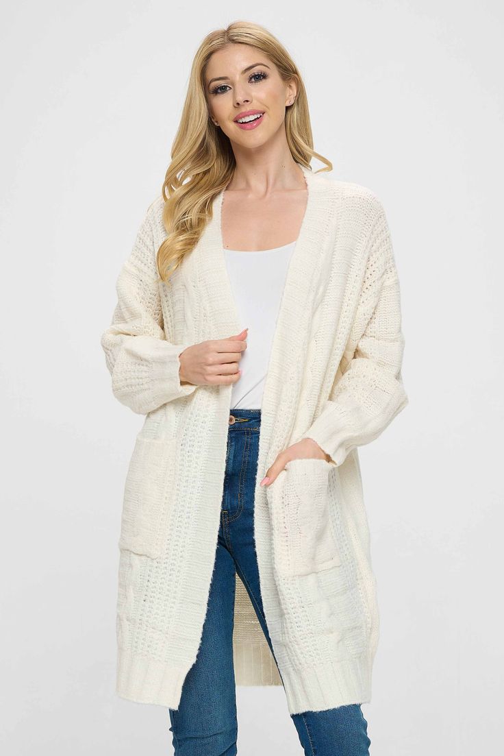 Our cabled sweater jacket is a perfect blend of style and comfort Cozy White Open Front Sweater Coat, Cozy Open Knit Cream Cardigan, White Open Knit Cotton Cardigan, White Cozy Open Front Cardigan, Cozy Cream Open Knit Cardigan, Long White Cardigan, Cabled Sweater, Cozy Night, Simple Tshirt