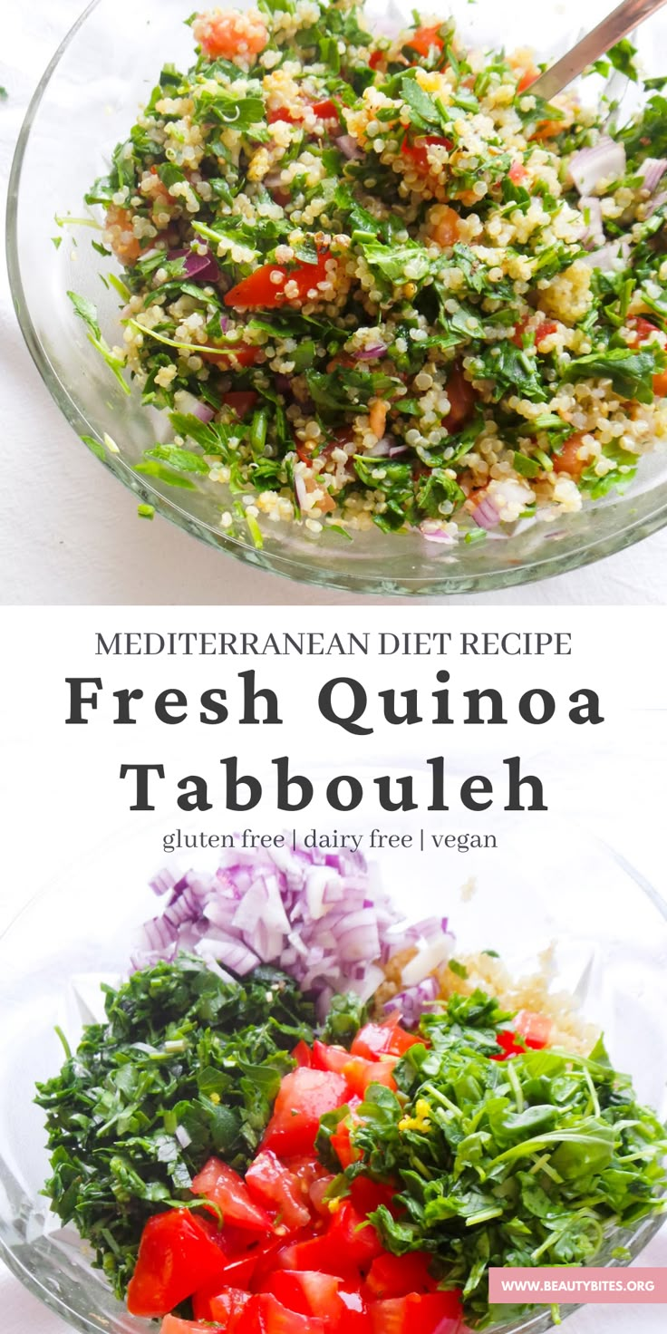 two bowls filled with fresh quinoa tabboule salad