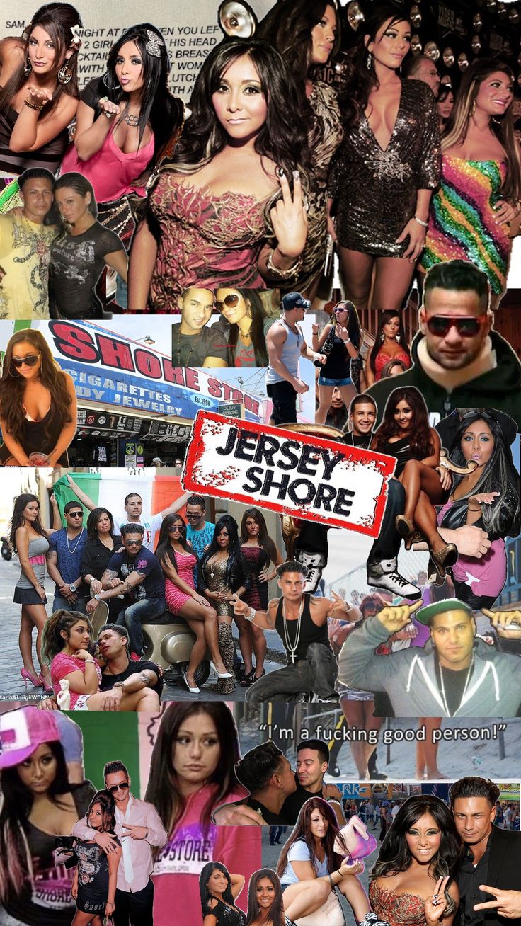 the collage shows many different people in their outfits and clothes, including one with a sign that says jersey shore