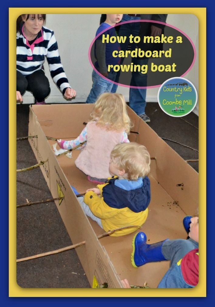 children playing with cardboard boats on the floor in a playroom, and text overlay reads how to make a cardboard rowing boat