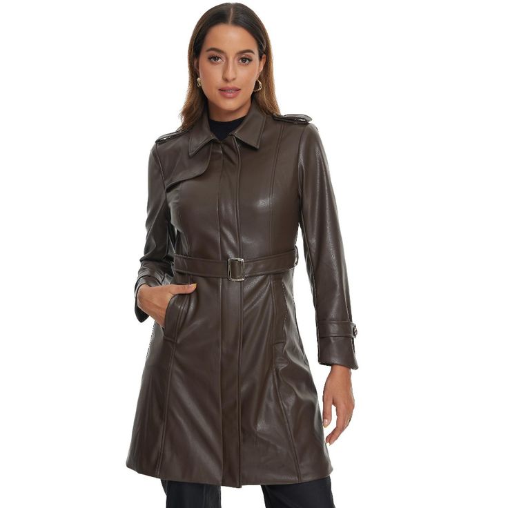 This long jacket features a lapel collar, slim fit silhouette, long sleeves, a zip closure, and is crafted from faux leather. The zip closure allows you to easily secure the jacket and create a streamlined and tailored look. The faux leather fabric gives the jacket a sleek and polished appearance, perfect for adding an edge to any outfit. The lapel collar adds a hint of sophistication while maintaining a sense of rebelliousness. It frames your face beautifully and adds an element of edge to the Fitted Long Coat In Faux Leather, Fitted Faux Leather Long Coat, Fitted Long Faux Leather Coat, Sleek Brown Leather Jacket For Fall, Sleek Fitted Brown Outerwear, Collared Faux Leather Winter Outerwear, Fall Outerwear With Zipper Closure And Lapel Collar, Sleek Brown Business Outerwear, Fitted Brown Faux Leather Outerwear