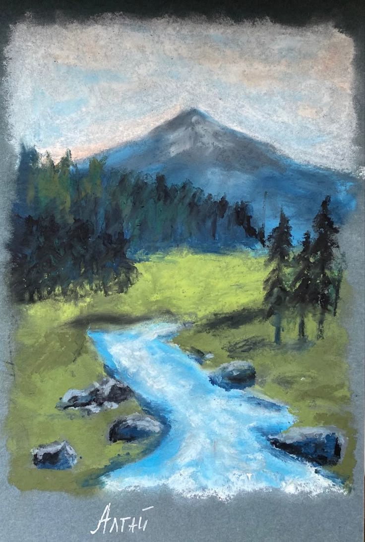 a painting of a river running through a green field with mountains in the back ground