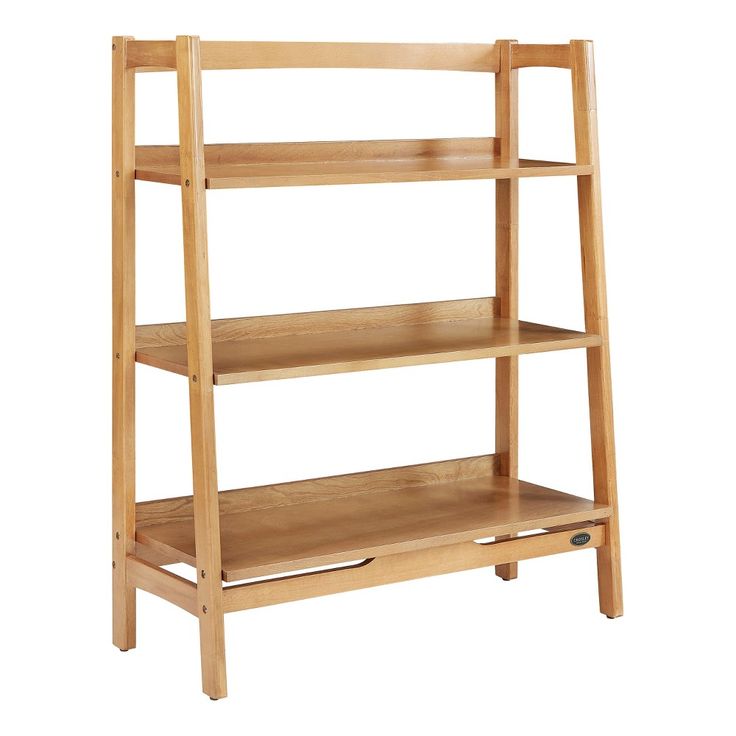 a wooden shelf with three shelves on each side