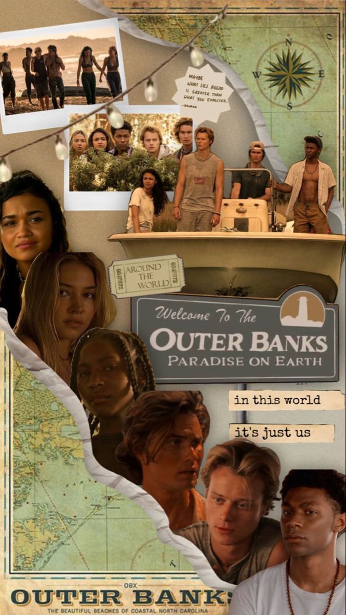 an advertisement for the outer banks movie with images of people and places on it, including a map