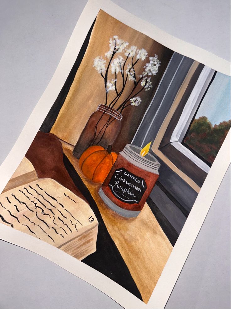 a painting of an open book with a candle and some flowers in a vase on the window sill