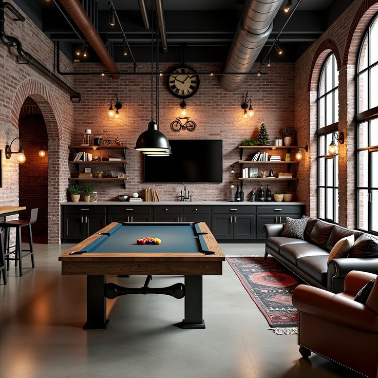 We’ve got major game room goals for you this week! 🎱✨ Which space matches your vibe? 1️⃣ Industrial Chic – Exposed brick, leather seating, and a bold pool table for those urban loft feels 2️⃣ Modern Elegance – Sleek bar, vibrant LED accents, and stunning mountain views for the ultimate luxe retreat 3️⃣ Cozy Minimalism – Bright, airy design with a touch of nature and a modern ping-pong table for versatile fun Drop your favorite in the comments and let us know why! 💬👇🏾 And don’t forget to sha... Basement Remodel Pool Table, Loft Pool Table Room, Industrial Games Room, Loft With Pool Table, Basement With Bar And Pool Table, Pool Table Room With Bar, Pool Table Garage, Football Game Room, Games Room Pool Table