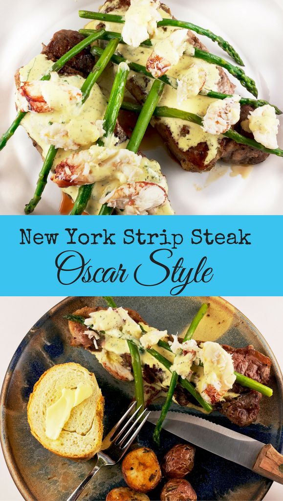 the new york strip steak oscar style is served with potatoes and asparagus on toasted bread