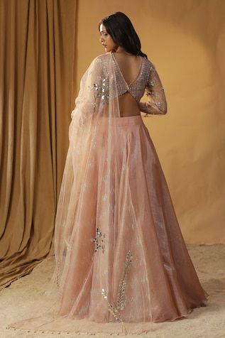 Peach organza blouse with sequins, pearls and beads embroidery. Paired with mirror, shells embroidery dupatta and solid lehenga. - Aza Fashions Anarkali Choli With Pearl Embroidery In Organza, Embellished Organza Blouse Piece For Reception, Festive Organza Choli With Pearl Embroidery, Designer Organza Choli With Pearl Embroidery, Designer Pearl Embroidery Choli In Organza, Bollywood Style Organza Choli With Pearl Embroidery, Bollywood Choli With Pearl Embroidery, Party Lehenga With Pearl Embroidery In Organza, Chanderi Sequin Dress For Wedding