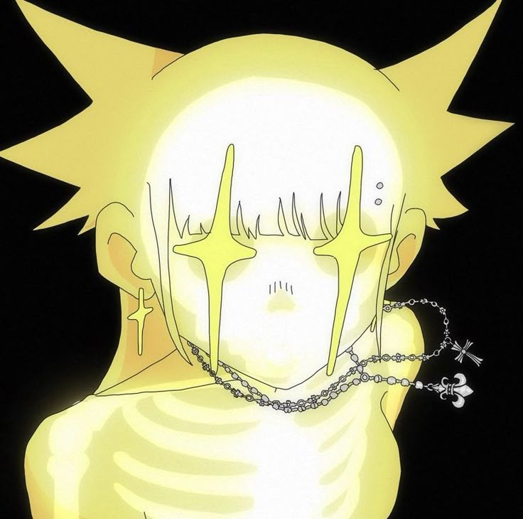 an anime character with yellow hair and chain around his neck, staring at the camera