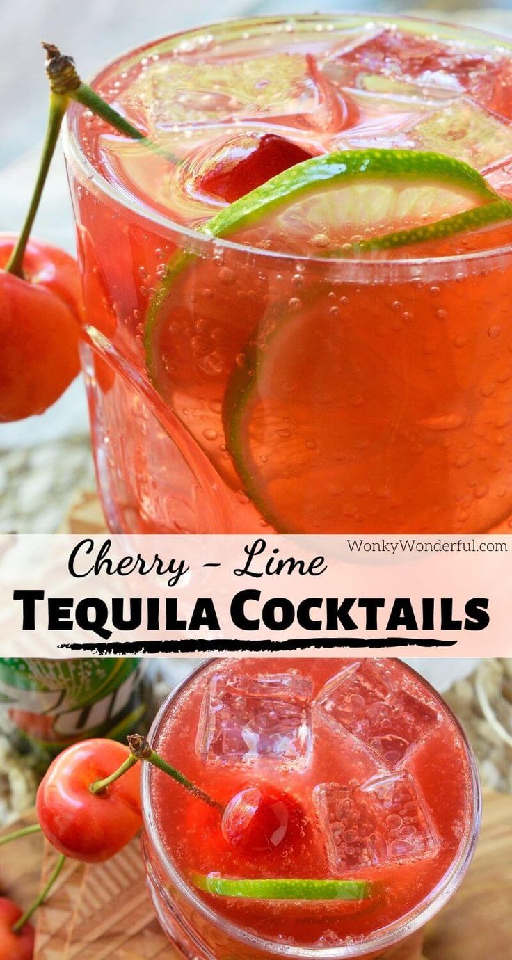 cherry lime tequila cocktail with garnish on the rim