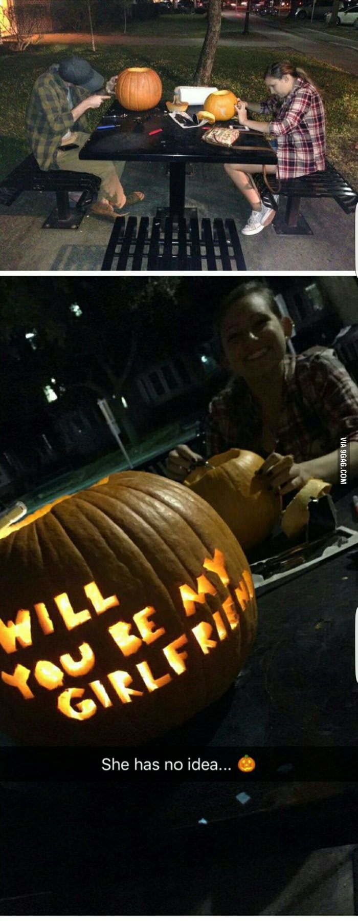 two pictures with pumpkins carved to look like they are sitting on the ground and one has