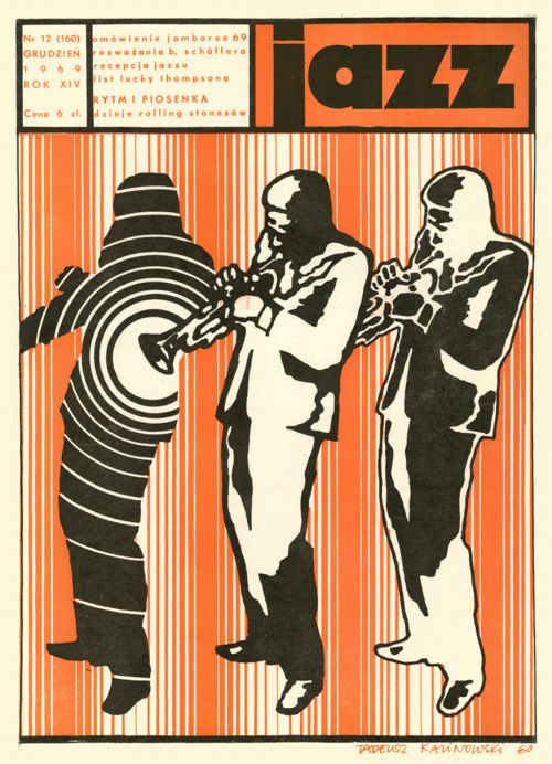 an orange and black poster with two men playing the trumpet in front of each other