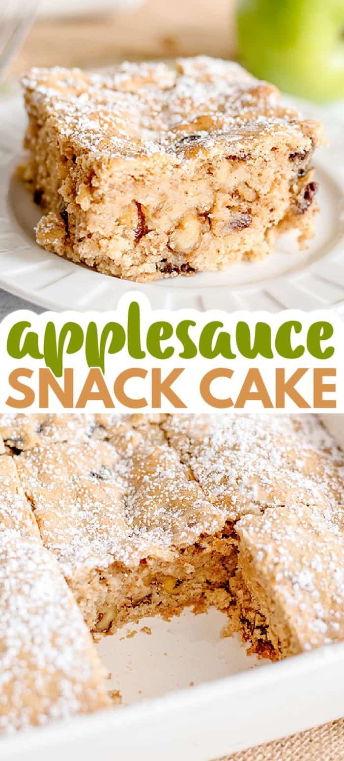 a close up of a cake on a plate with the words applesauce snack cake