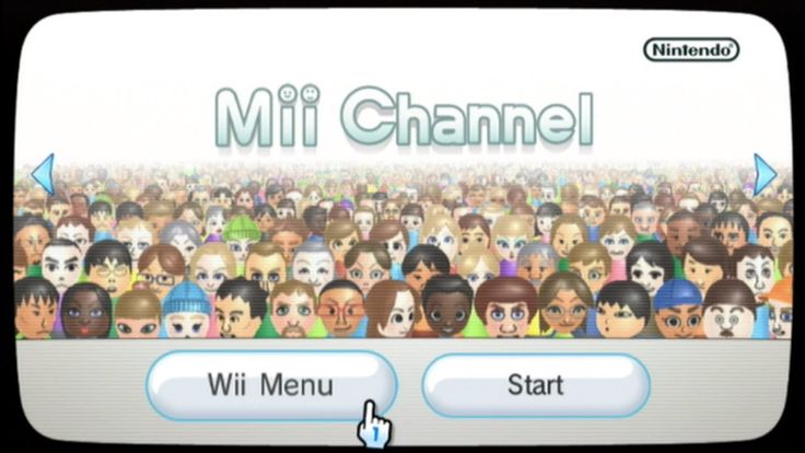 an animated video game with many people on the screen and one button that says, mii channel