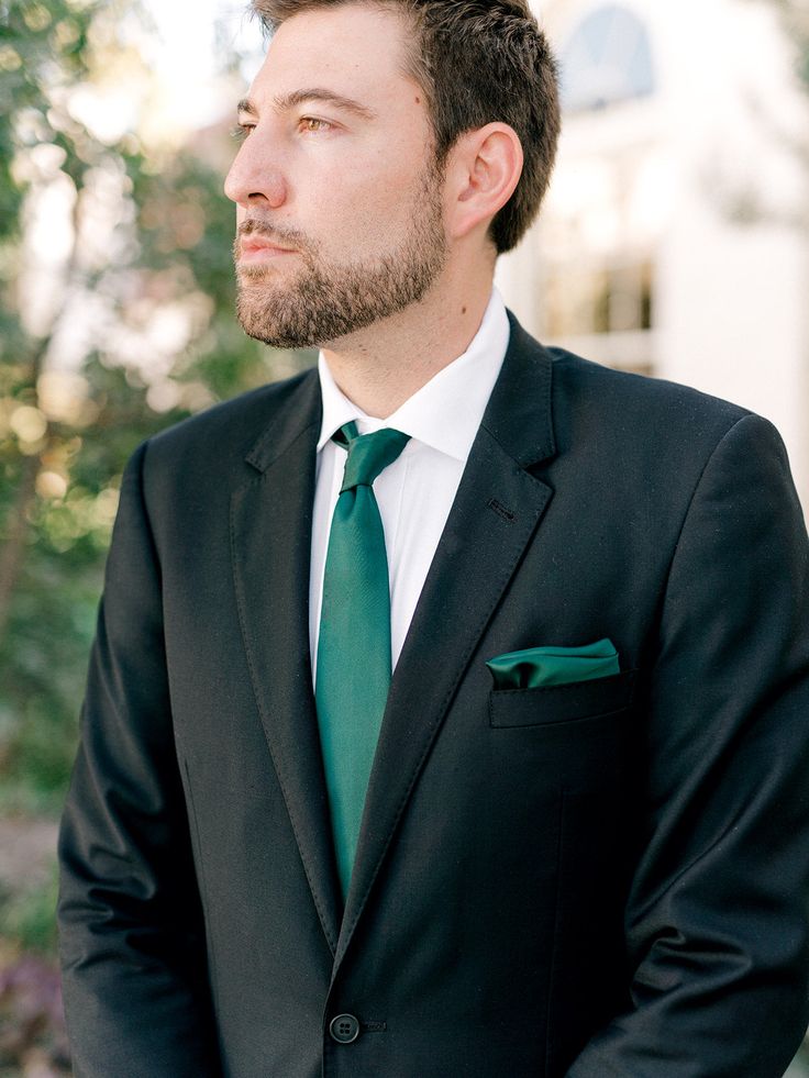 It's a perfect color match! Revelry's signature satin colors are available in 12" by 12" pocket squares! Black Suit Green Accents, Black Suit Emerald Tie, Classic Ties With Pocket Square For Groom, Classic Groom Tie With Pocket Square, Classic Green Pocket Square For Business, Green Formal Tie With Pocket Square, Elegant Green Tie With Pocket Square, Green And Gold Pocket Square, Forest Green Pocket Square