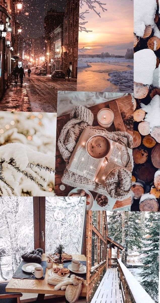 the collage shows many different scenes in winter