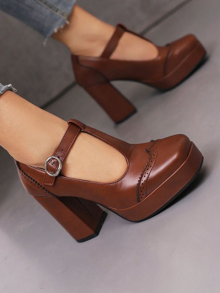 Brown Mary Jane Platform Block Heel Women's Shoes Coffee Brown Fashionable    Plain Mary Jane   Women Shoes, size features are:Bust: ,Length: ,Sleeve Length: Dark Academia Shoes, Brown Mary Janes, Highest Heels, Jazz Style, Oc Drawing, Chic Heels, Autumn Wardrobe, 2024 Style, Nice Clothes