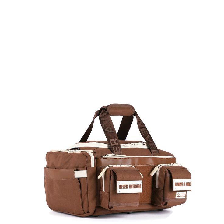 a brown duffel bag with two straps