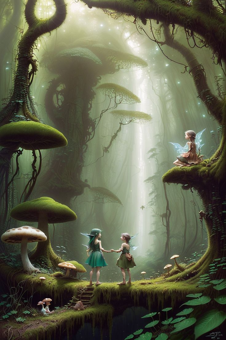 Mystical Fairy Forest, Elf World Fantasy Art, Elfs And Fairies, Fairy Tale Landscape Art, Fairy Scene Tattoo, Fairy World Painting, Fairy Forest Ideas, Mushroom Fantasy Forest, Enchanted Forest Mushrooms