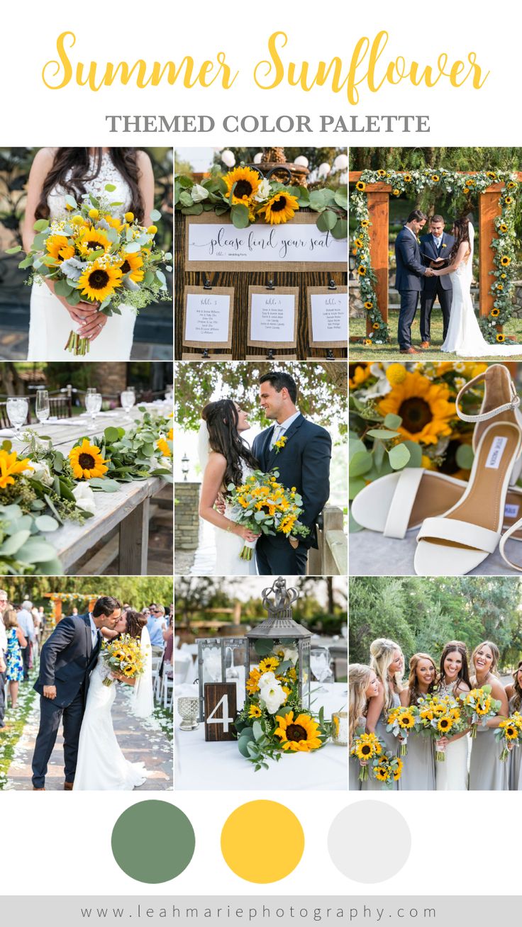 sunflower themed wedding color palettes for the bride and groom in yellow, green, gray