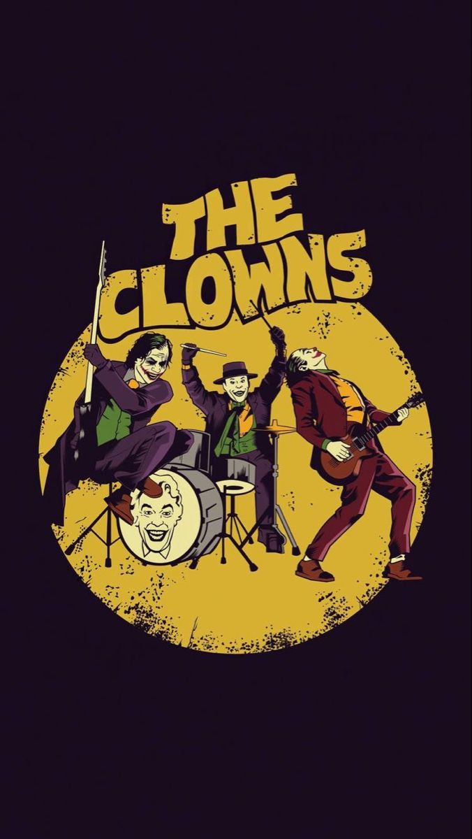 the clowns are playing drums in front of a black background with an orange and yellow circle