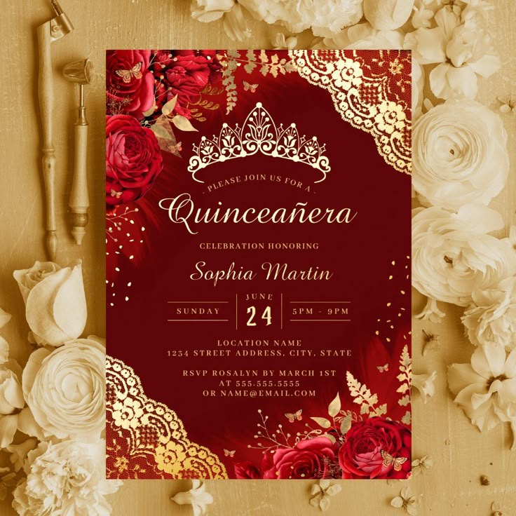 a red and gold quinceauera birthday party card with roses on it, surrounded by flowers