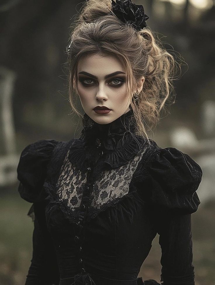 a woman with black makeup and dark make - up is dressed in an old fashioned dress