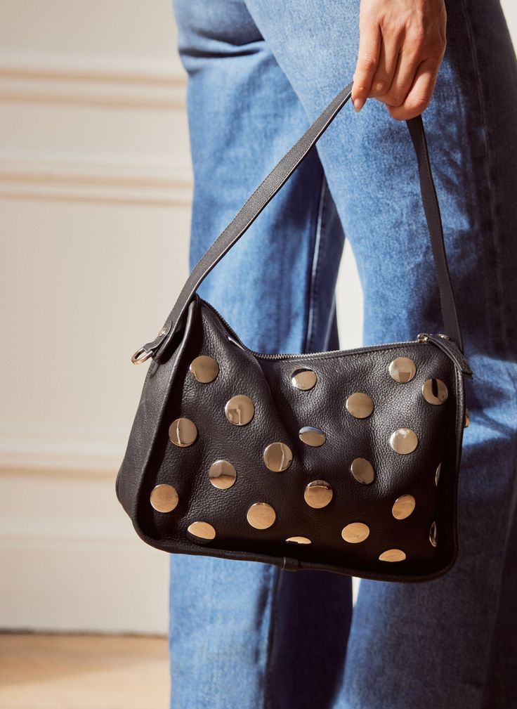 Black Leather Studded Bag Black Studded Bag For Everyday Use, Chic Rectangular Studded Bag, Black Studded Evening Bag, Elegant Rectangular Studded Shoulder Bag, Chic Black Studded Shoulder Bag, Studded Bag, Timeless Dress, Mint Velvet, Fabric Care