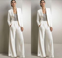 2016 Bling Sequins Ivory White Pants Suits Mother Of The Bride Dresses Formal Chiffon Tuxedos Women Party Wear New Fashion Modest Wedding Guest Jackets, Wedding Guest Pants, Suits Office, Lady Suit, Mother Of The Bride Suits, Bride Suit, Business Lady, Formal Women, White Pants Women