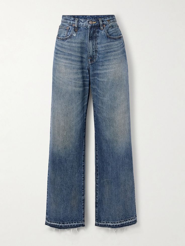 R13's 'D'Arcy' jeans will feel like a worn-in vintage pair from the moment you slip them on, thanks to the faded denim and raw hems. This wide-leg style is designed with a mid-rise waist and falls to floor-pooling cuffs. Style them with a belt to keep them just where you want them. Womens Distressed Jeans, R13 Denim, Summer Style Guide, Latest Jeans, Flat Dress Shoes, Fall Jeans, Dress Flats, Loose Jeans, Faded Denim