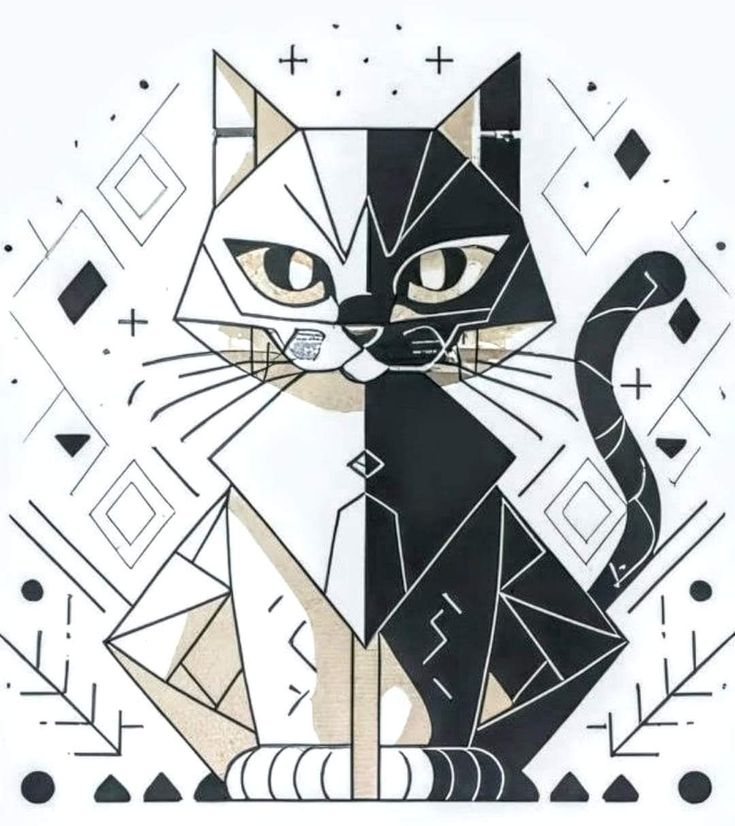 a black and white cat sitting on top of a piece of paper with geometric designs