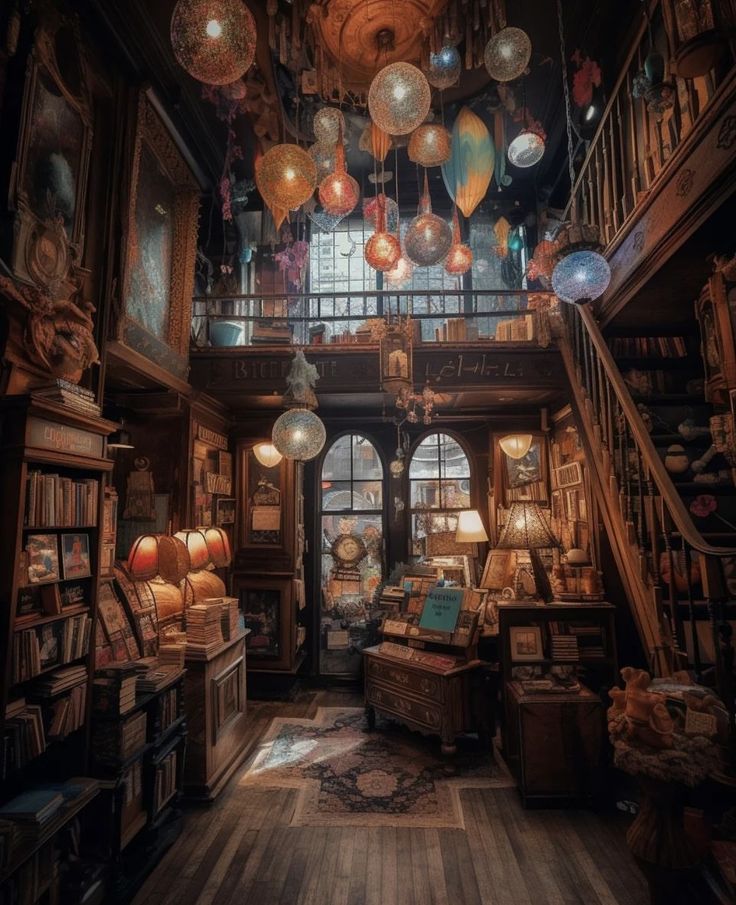 an old library filled with lots of books and hanging lanterns over the top of it