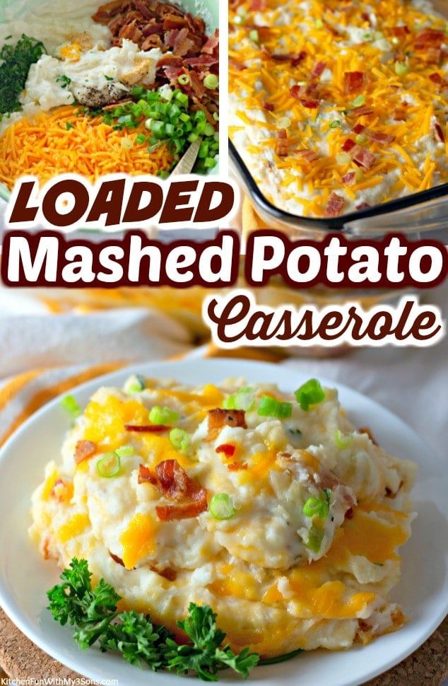 loaded mashed potato casserole with cheese and bacon on top is shown in three different pictures