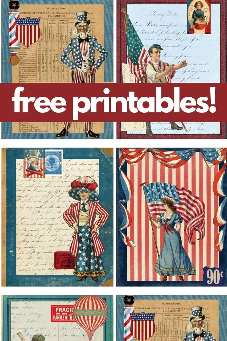 an american flag themed postcard with the words free printables on it and images of people in patriotic clothing