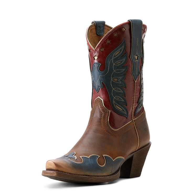 Add some Americana to your wardrobe with this fun boot. Super-comfy and ultra-wearable, it packs plenty of retro style, from the eagle and star inlays to the gold-accented wing tip. Bravery Western Boot | Product Features : 0 : 4LR™ technology provides lightweight support and stability, 1 : Removable All Day Cushioning insole, 2 : Duratread™ sole provides maximum wear resistance, 3 : Single stitch welt construction, 4 : Patriotic shaft design with eagle overlay and star inlay details, 5 : Ornate Country Style Boots With Leather Sole For Fall, Rugged Round Toe Heeled Boots For Rodeo, Western Waterproof Boots With Reinforced Heel For Fall, Leather Sole Boots For Rodeo In Fall, Fall Rodeo Boots With Leather Sole, Rodeo Moto Boots With Leather Lining And Round Toe, Western Style Waterproof Ankle Boots For Fall, Fall Reinforced Snip Toe Boots, Fall Boots With Reinforced Snip Toe